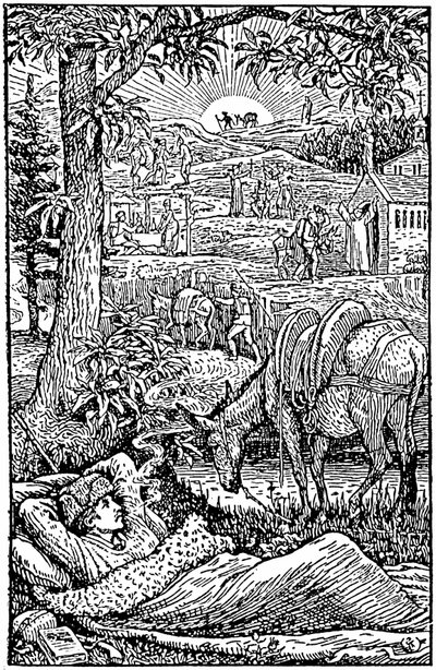 Robert Louis Stevenson tarafından yazılan Cevennes'de bir eşekle seyahatler (Cevennes'de bir eşekle seyahat eder). akşam, L'criveain dreves, bir gece molası sırasında, danesse Modestine'in yanında. Frontispice of the First English Edition ( by Walter Crane