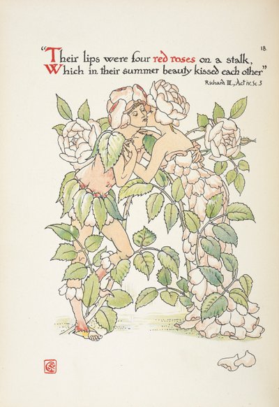 Gül gibi giyinmiş öpüşen iki figür by Walter Crane