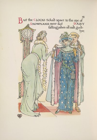 Düğün konukları gidiyor. Vedalaşan bir hanım; ceketini giymesine yardım eden bir adam by Walter Crane