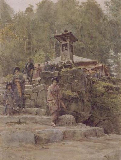 "Bir ülke tapınağına yaklaşım", "Japonya ve Japonlar" için illüstrasyon, pub. Methuen tarafından by Walter Frederick Roofe Tyndale