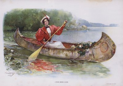 Zambaklar Arasında Bir Gül: kanodan nilüfer toplayan kadın (renkli lito) by Walter Granville-Smith