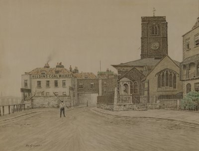 Alldins Coal Wharf ve Chelsea Old Church, Londra (kalem ve kağıt üzerinde yıkayın) by Walter Greaves