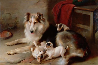 Tilki Terrier Yavrularıyla Bir Collie, 1913 by Walter Hunt