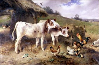 Bir ahırın dışında buzağılar ve kümes hayvanları by Walter Hunt