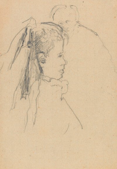Sağda profilde bir kızın başı ve büstü, bir erkeğin başı, tam ön, arka (kağıt üzerinde grafit) by Walter Richard Sickert