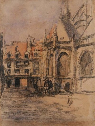Rue Sainte Catherine ve eski pasajlar, Dieppe, c.1900 (kömür ve sulu boya) by Walter Richard Sickert
