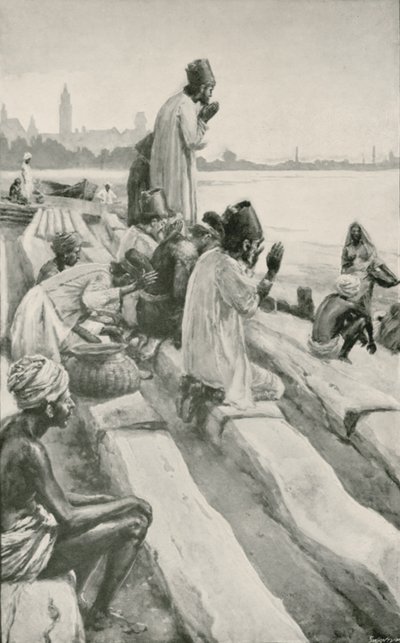 Parsis Worshipping the Rising Sun on the Beach at Bombay  by Walter Stanley Paget