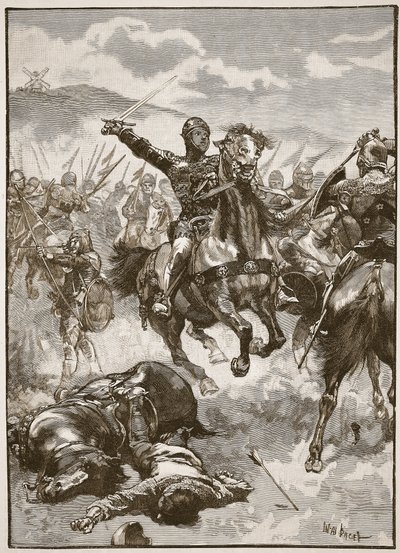 Kara Prens Crecy Savaşı'nda, 'Cassell'in Illustrated History of England'ından bir çizim (sepya fotoğrafı) by Walter Stanley Paget