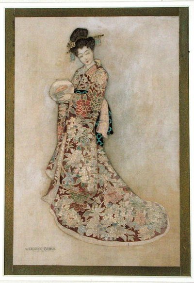 Geyşa Kız (keten üzerine suluboya ve altın) by Warwick Goble