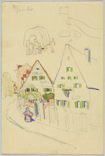 Üçgen evlerin ve üstü kapalı vagonların olduğu sokak, verso: soğan kubbeli bir kilisenin olduğu bir yerin görünümü by Wassily Kandinsky