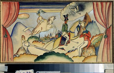 Bir memurla sahne. Arka planda bir şehir olan bir manzarada iki çift. Bir çift dinleniyor, kadın uzanıyor, bir kayaya yaslanıyor, başı tutuluyor, gözleri kapalı, başka bir kayanın üzerinde oturan adam dinleniyor. by Wassily Kandinsky