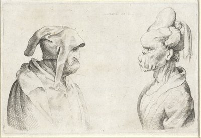 Disket şapkalı bir adam ve bağlı saçlı bir kadının deforme olmuş kafaları Varie figurae et probae (seri başlığı) Leonardo da Vinci