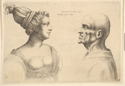 Saçları arkadan bağlı bir kadın ve birbirine bakan kel bir erkek, 1645. by Wenceslaus Hollar