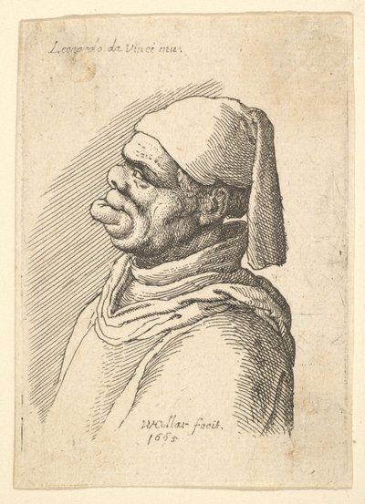 Soldan profilde, şapkalı ve şişman, alt dudağı çıkıntılı deforme olmuş bir adamın büstü, 1625-77. by Wenceslaus Hollar
