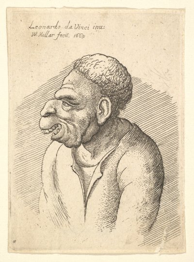 Kavisli burunlu, üst dudağı çıkık, ağzı açık, kısa kıvırcık saçlı erkek büstü..., 1665. by Wenceslaus Hollar