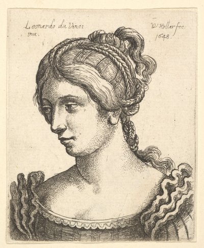 Saçları özenle süslenmiş, aşağıya sola bakan bir kadın büstü, 1648. by Wenceslaus Hollar