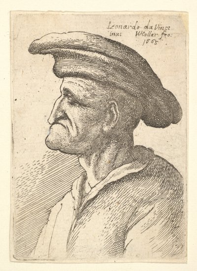 Alt dudağıyla birleşen burunlu, profilden geniş düz şapka takan yaşlı adam büstü...., 1665. by Wenceslaus Hollar