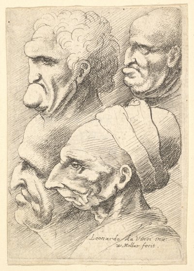 Soldan profilde dört grotesk kafa, 1625-77. by Wenceslaus Hollar