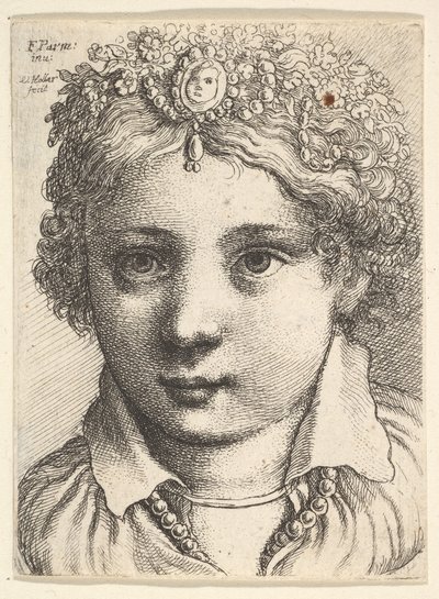 Mücevherli bir başlık takan genç bir kızın başı, ca. 1645. by Wenceslaus Hollar