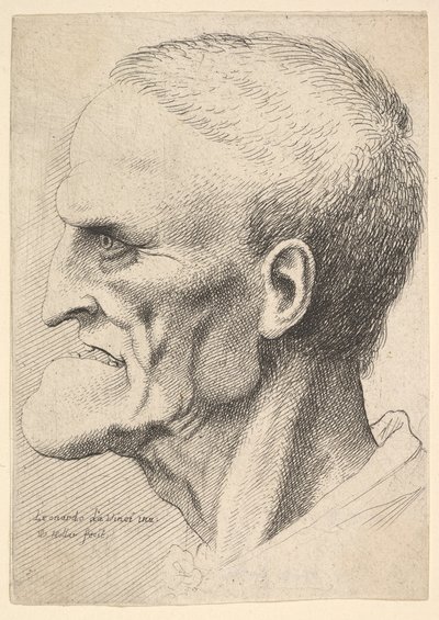 Belirgin bir çenesi, kısa kesilmiş saçları ve ağzı açık kalan yaşlı bir adamın başı ..., 1625-77. by Wenceslaus Hollar