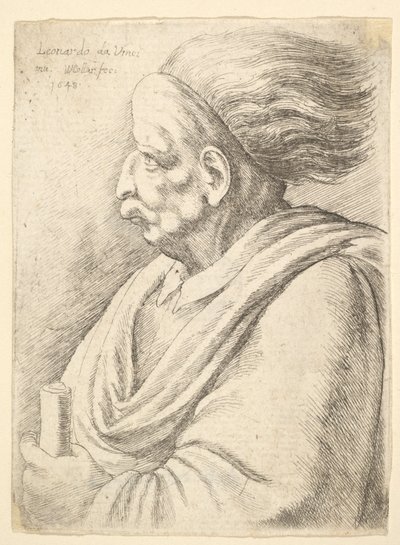 Çizgili yüzleri olan ve arkasından saçlar dökülen adam, yarım uzunluktan sola, 1648. by Wenceslaus Hollar