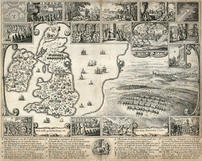 Britanya Adaları haritası ve 17. yüzyıl tarihi olaylarının çizimleri, c1659 by Wenceslaus Hollar