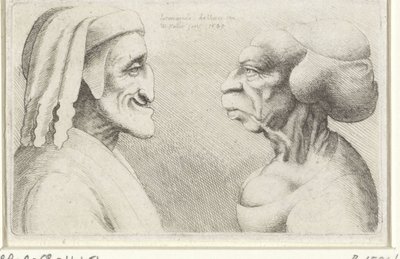 Şapkalı bir adamın (Dante?) ve bir kadının deforme olmuş karikatür kafaları Varie figurae et probae (seri başlığı) Leonardo da Vinci
