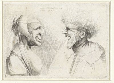 Baş şapkalı gülümseyen bir erkek ve kadının deforme olmuş kafaları Varie figurae et probae (seri başlığı) Leonardo da Vinci