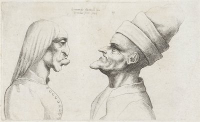Düz saçlı bir kadının ve çift kenarlı şapkalı bir adamın deforme olmuş kafaları Varie figurae et probae (seri başlığı) Leonardo da Vinci