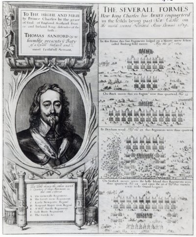 Portrait of King Charles I with diagrams showing the formation of his troops during the Bishops