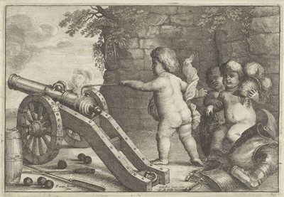 Putti ateş topu: Ateş elementi Dört Element (dizi adı) by Wenceslaus Hollar