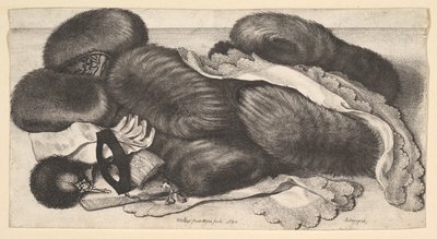 Bir grup manşon, bir çift eldiven, yelpaze, maske ve iki başörtüsü ile natürmort, 1647. by Wenceslaus Hollar