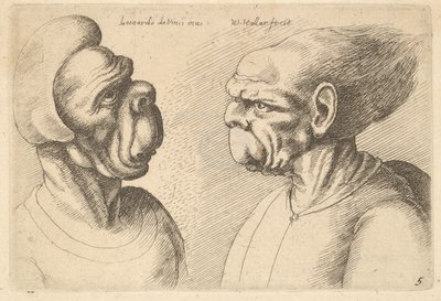 İçe dönük iki deforme kafa, 1625-77. by Wenceslaus Hollar