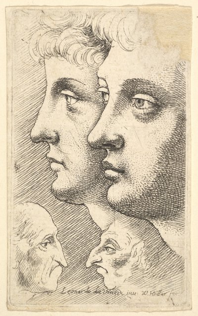 Aşağıda birbirine bakan iki grotesk kafa ile profilden sola doğru iki genç, 1625-77. by Wenceslaus Hollar