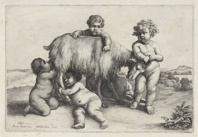 Dört erkek, satir ve sağda duran bir keçi Putti ve Satyrs (dizi başlığı) by Wenceslaus Hollar