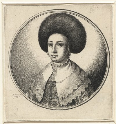 Dantel yakalı, küpeli ve kürklü şapkalı kadın Yuvarlak çerçeveli kadın büstleri (seri başlığı) by Wenceslaus Hollar