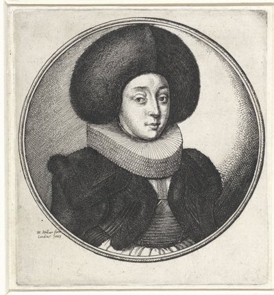 Fırfır yakalı ve büyük kürk şapkalı kadın Kadın büstleri olan madalyonlar (seri başlığı) by Wenceslaus Hollar