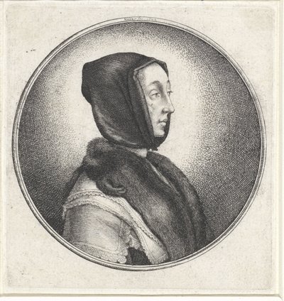 Siyah başörtülü ve kürklü kadın çaldı Kadın büstleri olan madalyonlar (seri başlığı) by Wenceslaus Hollar