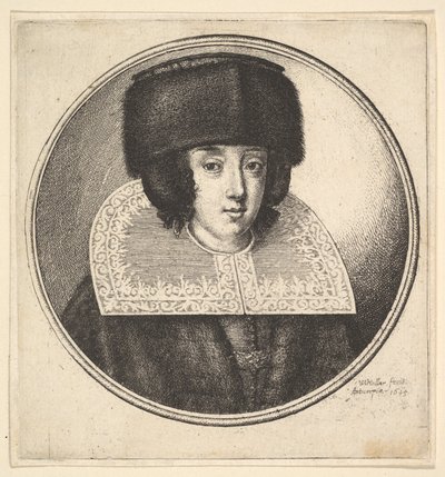 Sert dantel yakalı ve düz taçlı kürk şapkalı kadın, 1645. by Wenceslaus Hollar