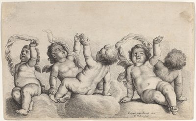 Üç Kerub ve İki Oğlan Bulutların Üzerinde Bir Kol Kaldırıyor by Wenceslaus Hollar, after Peeter van Avont