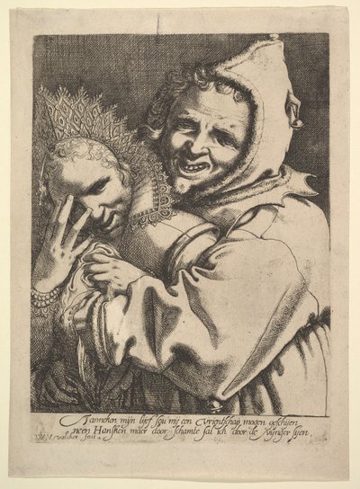 Parmaklarının arasından bakan bir kızla aptal. by Werner Jacobsz. van den Valckert