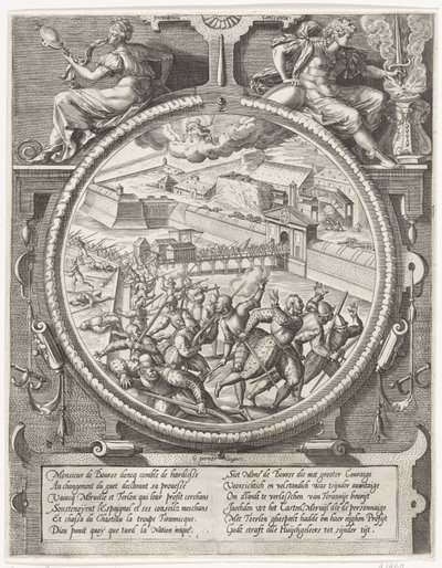 Bourse birlikleri, Treslong ve Merville'in Alman askerlerini kaleden kovdu, 1577 Madalyonları, 1577'de Antwerp kalesinin ele geçirilmesiyle (dizi adı) by Wierix