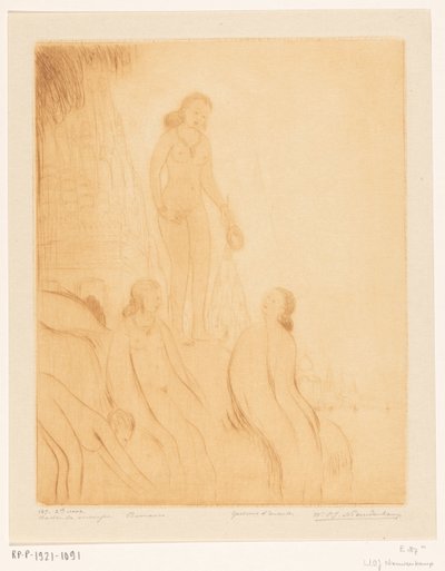 Benares'te Ganj kıyısında yıkanan kızlar Banyo yapan kızlar (orijinal başlık) by Wijnand Otto Jan Nieuwenkamp (signed by artist)