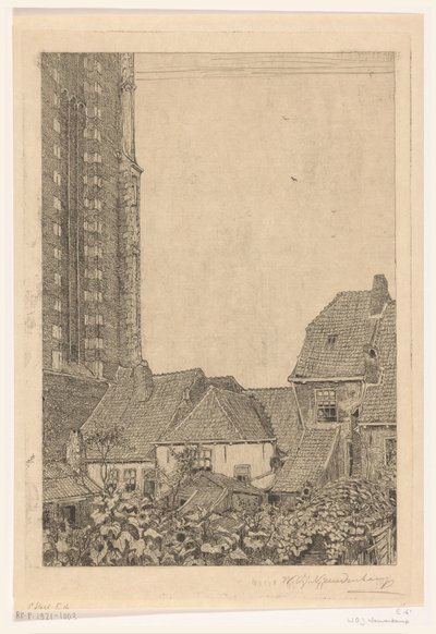 Amersfoort'taki Onze-Lieve-Vrouwetoren yakınlarındaki evler Kulenin dibinde (orijinal başlık) by Wijnand Otto Jan Nieuwenkamp (signed by artist)