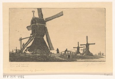 Gouda yakınlarındaki Haastrecht ve Schoonhoven Su Değirmenleri arasındaki Vlist'te Wipmolens (orijinal başlık) by Wijnand Otto Jan Nieuwenkamp (signed by artist)