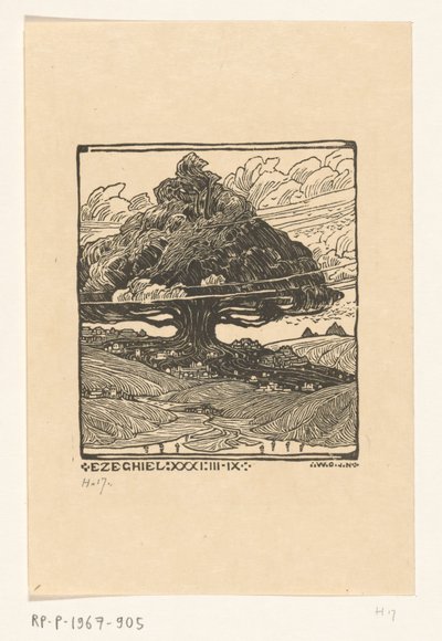 Dağ manzarasında bir sedir ağacının altındaki şehirler Dreamscape of Ezekiel (orijinal başlık) by Wijnand Otto Jan Nieuwenkamp