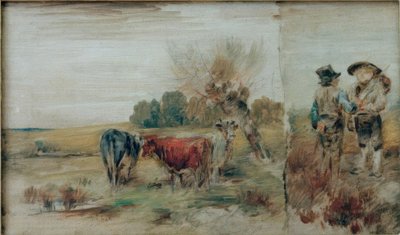 Çift görüntü: merada inekler, konuşan iki çiftçi by Wilhelm Busch