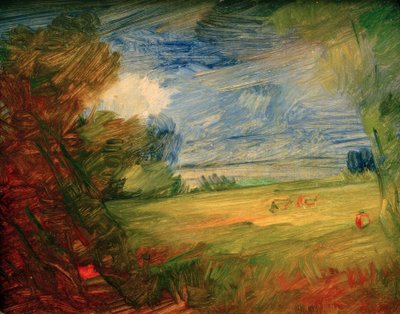 Kırmızı bir figür ile tepelik çayır manzara by Wilhelm Busch