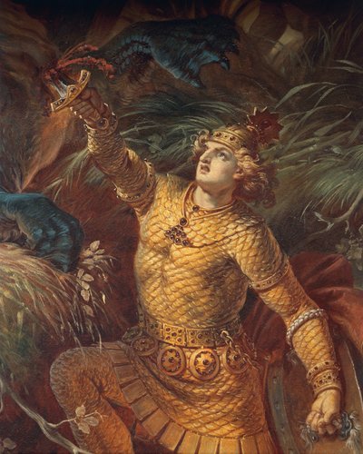 Sigurd, ejderha Fafuir'i Gram kılıcını tutarak öldürüyor, detay, Sigurd Saga'dan, Alt Salon, c.1882-83 (duvar resmi) (ayrıca bakınız 419035) by Wilhelm Hauschild