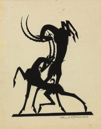 Dövüşen Keçiler, c.1920 (doku üzerine yerleştirilmiş kesilmiş kağıt) by Wilhelm Hunt Diederich